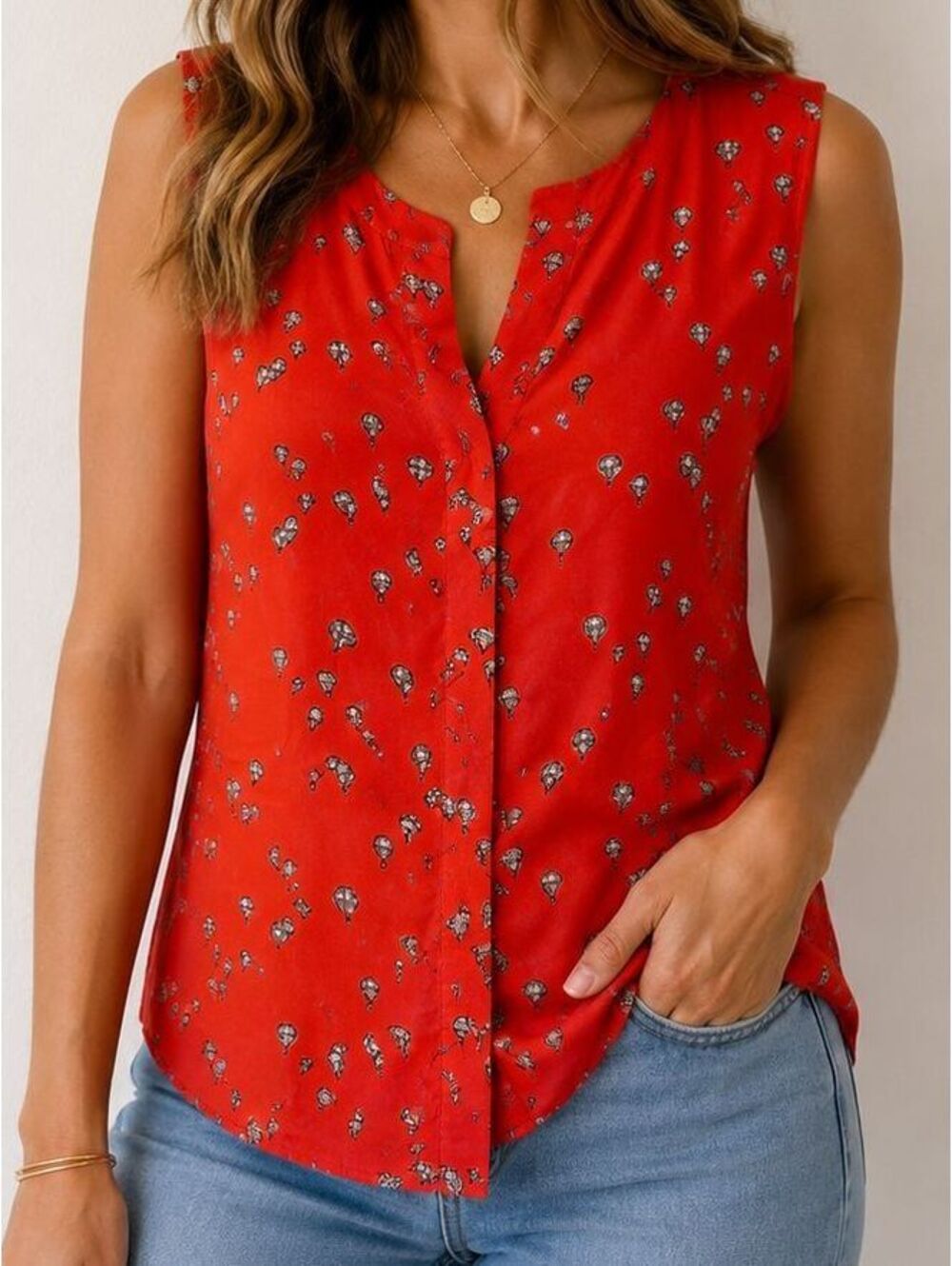 Jasmine & Juliana Red Sleeveless Button-Up Blouse | SIZE L